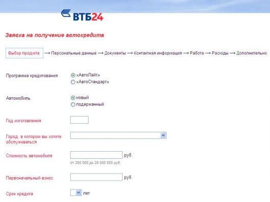 Заявка на получение автокредита ВТБ 24